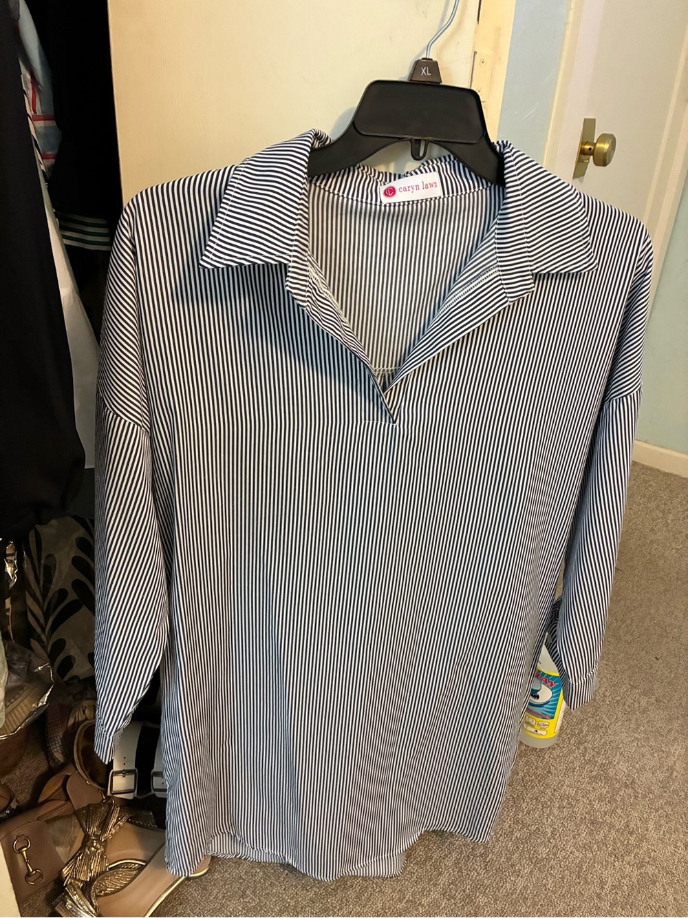 Caryn Lawn Navy & White Pinstripe Collared Shirtdress-